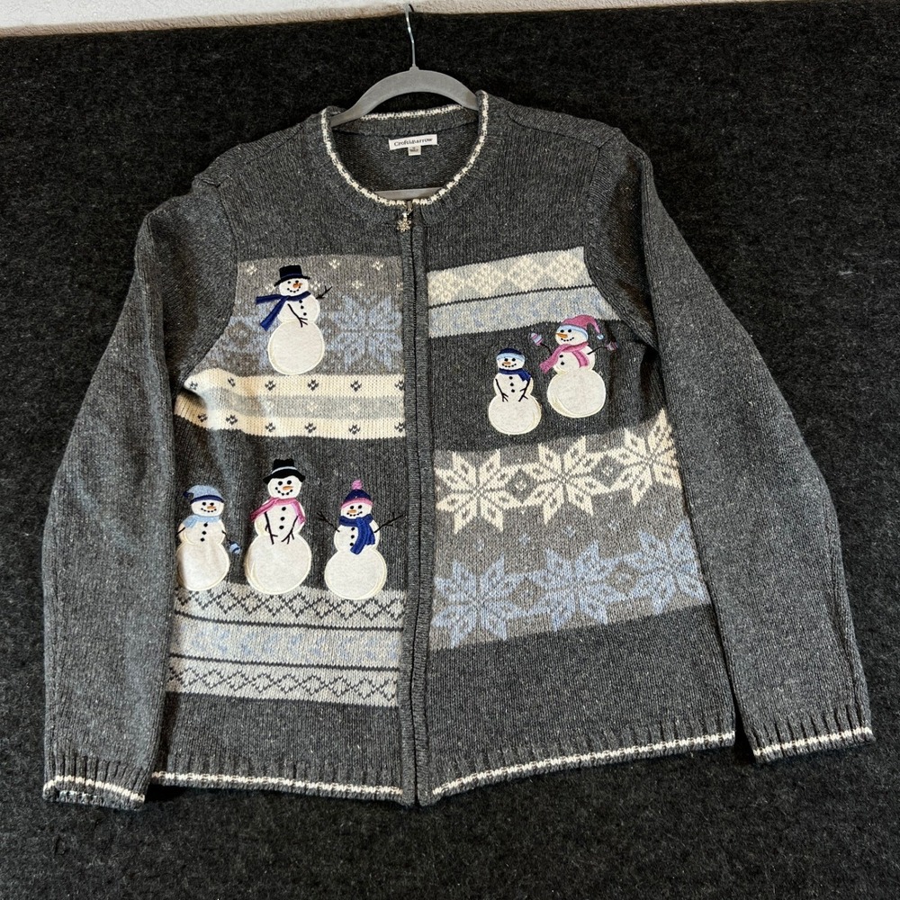 Croft & Barrow Snowman Snowflake Zip Cardigan Sweater Gray Silk Blend Womens M